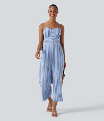 Tie Back Cut Out Stripe Linen-Feel Slip Jumpsuit with Pockets
