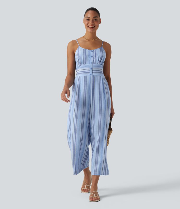 Tie Back Cut Out Stripe Linen-Feel Slip Jumpsuit with Pockets