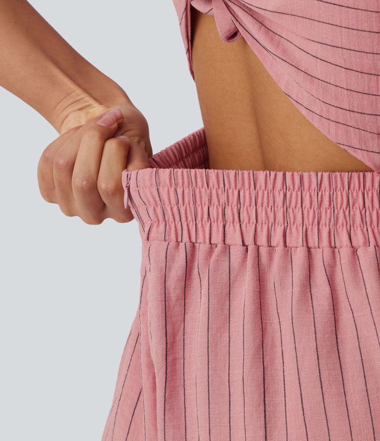 Jumpsuit in Leinenoptik mit Seitentaschen, Streifen, Cut-Out-Design und Bindeband hinten 