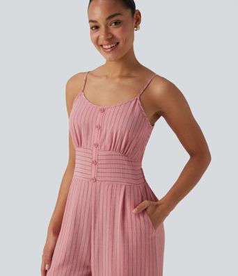 Jumpsuit in Leinenoptik mit Seitentaschen, Streifen, Cut-Out-Design und Bindeband hinten 