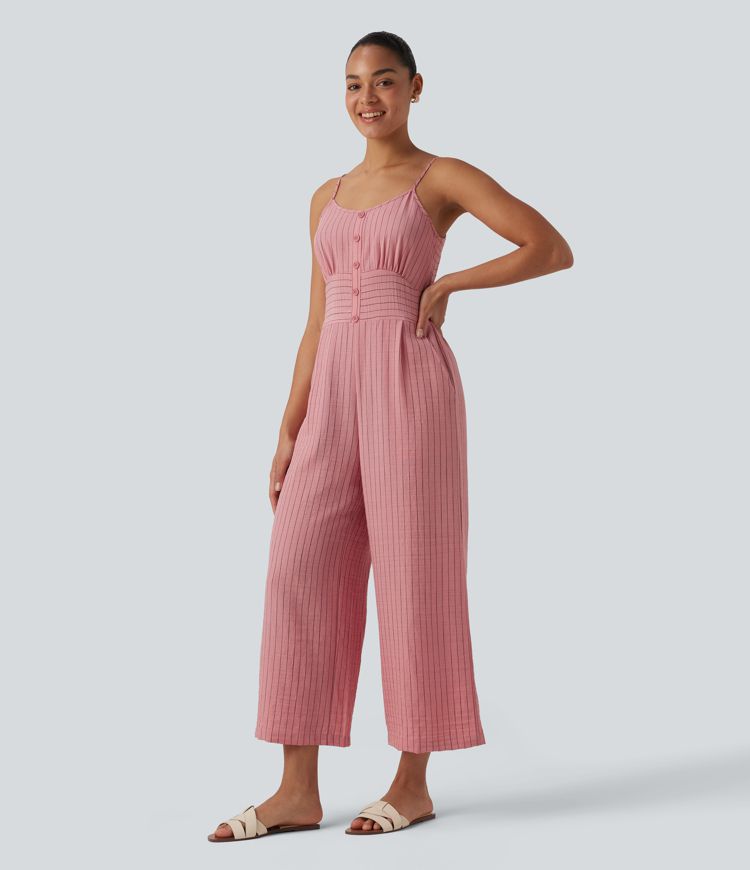 Jumpsuit in Leinenoptik mit Seitentaschen, Streifen, Cut-Out-Design und Bindeband hinten 