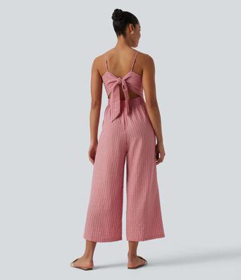 Jumpsuit in Leinenoptik mit Seitentaschen, Streifen, Cut-Out-Design und Bindeband hinten 