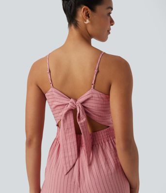 Jumpsuit in Leinenoptik mit Seitentaschen, Streifen, Cut-Out-Design und Bindeband hinten 