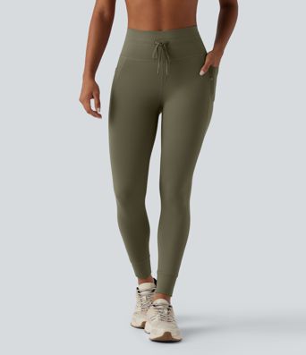 Gładkie legginsy do jogi 7/8 z wysokim stanem, sznurkiem w pasie i kieszeniami