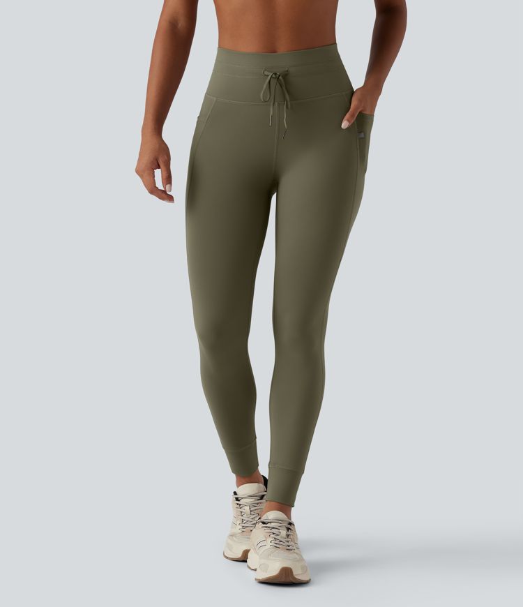 Gładkie legginsy do jogi 7/8 z wysokim stanem, sznurkiem w pasie i kieszeniami
