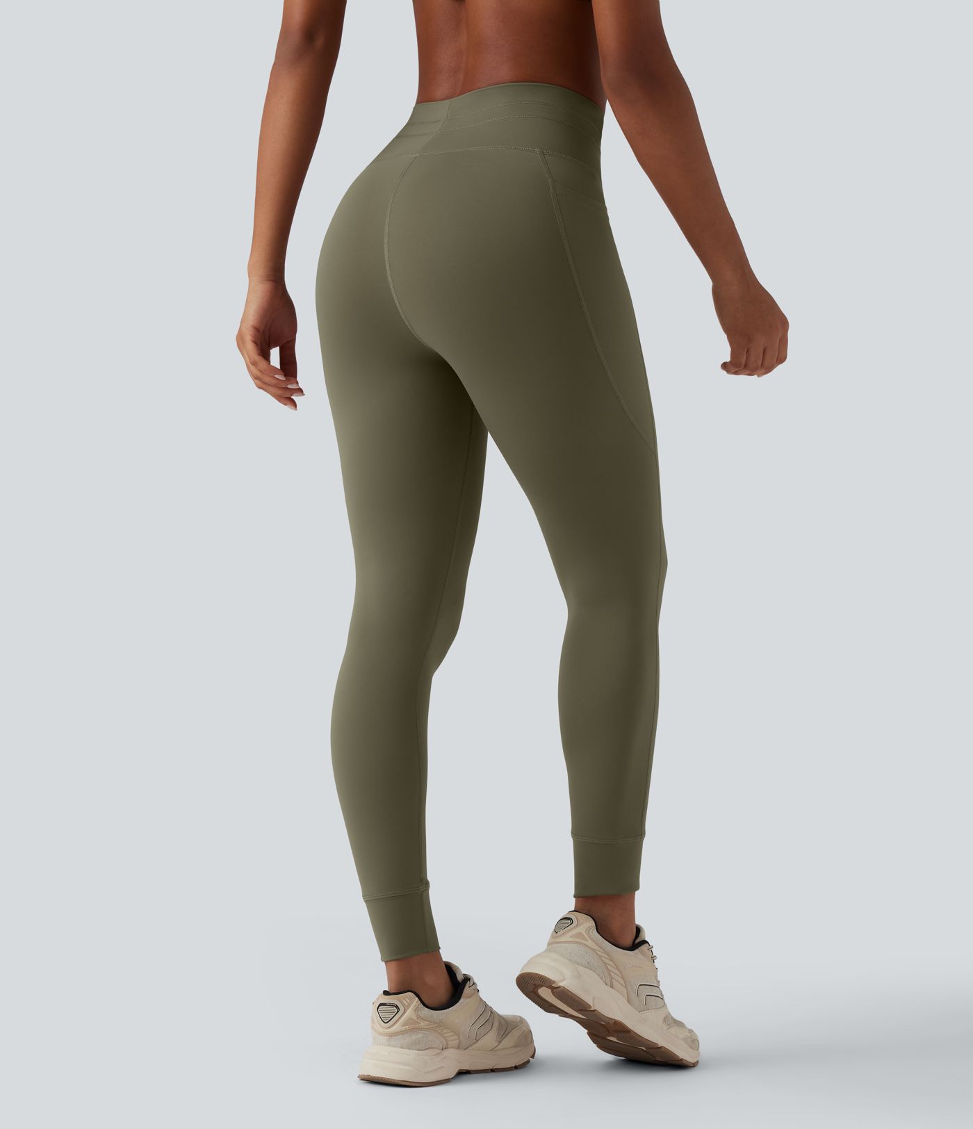 Gładkie legginsy do jogi 7/8 z wysokim stanem, sznurkiem w pasie i kieszeniami