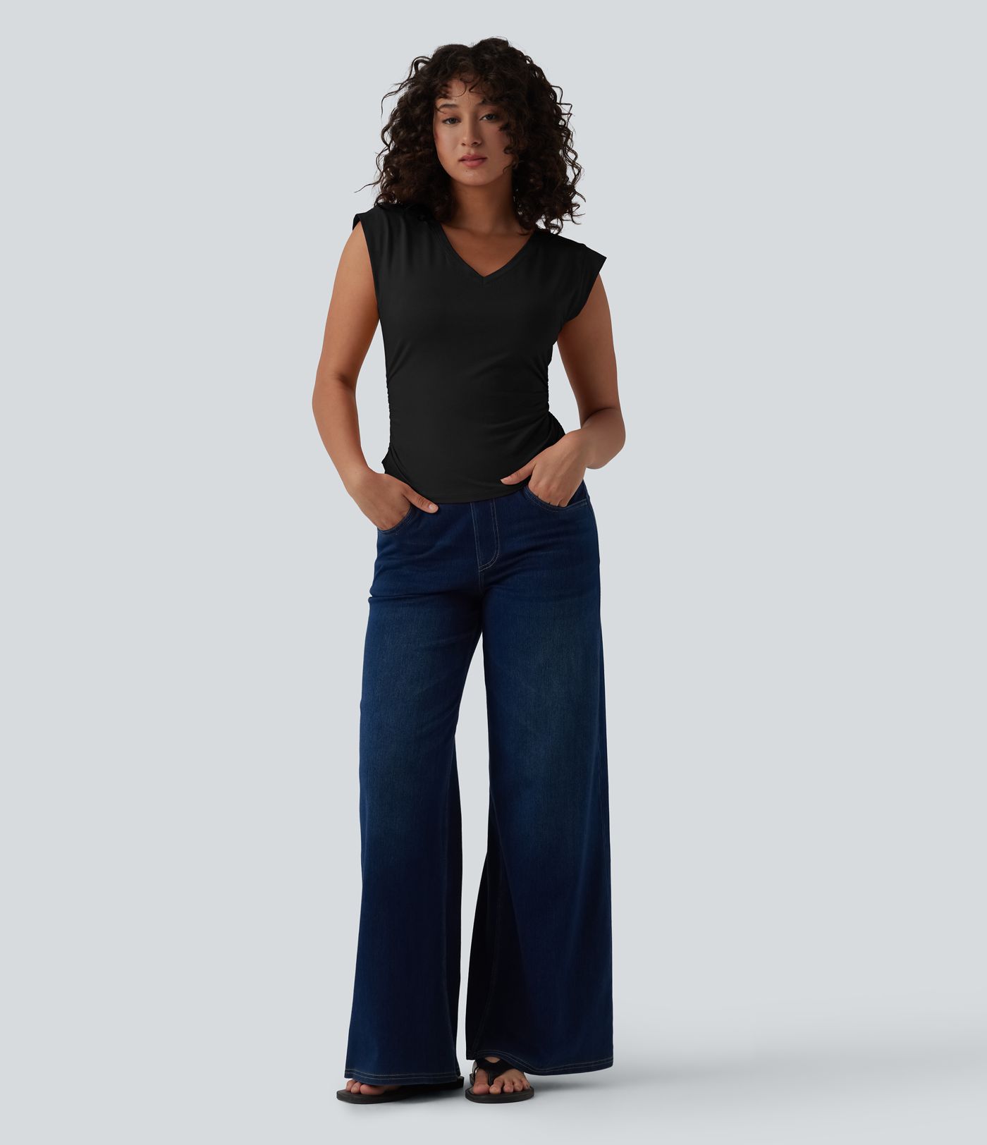 V Neck Cap Sleeve Curved Hem Ruched Casual T-Shirt