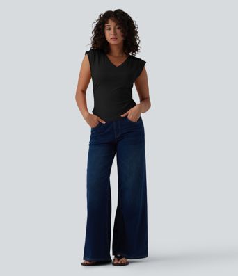 V Neck Cap Sleeve Curved Hem Ruched Casual T-Shirt