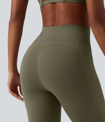 Gładkie legginsy do jogi 7/8 z wysokim stanem, sznurkiem w pasie i kieszeniami