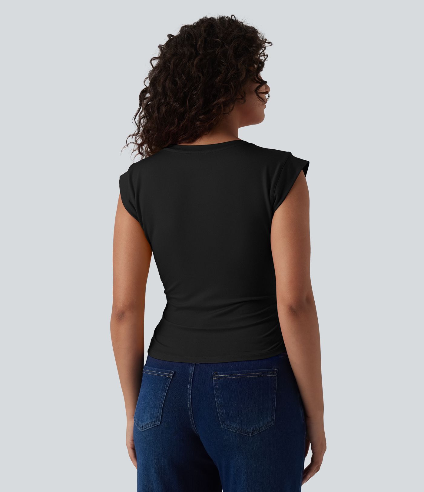 V Neck Cap Sleeve Curved Hem Ruched Casual T-Shirt