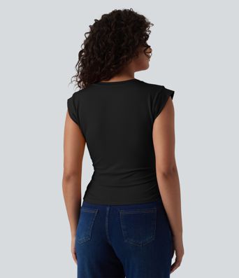 V Neck Cap Sleeve Curved Hem Ruched Casual T-Shirt