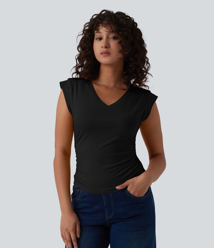 V Neck Cap Sleeve Curved Hem Ruched Casual T-Shirt