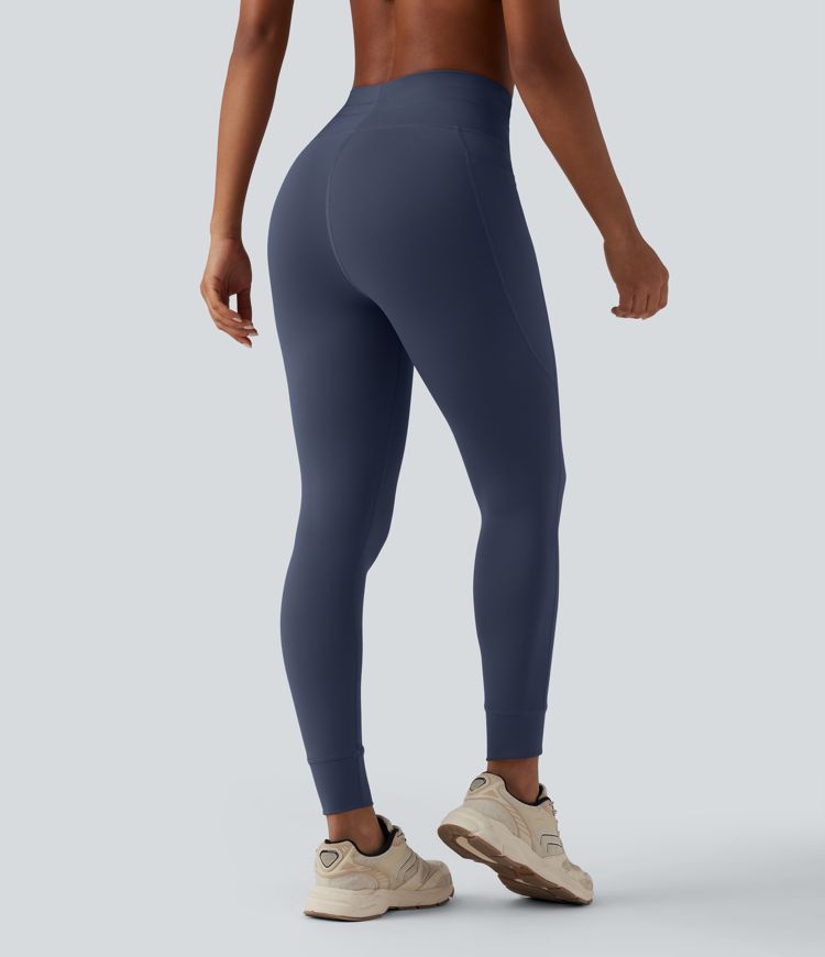 High Waisted Drawstring Plain Yoga 7/8 Leggings with Pockets