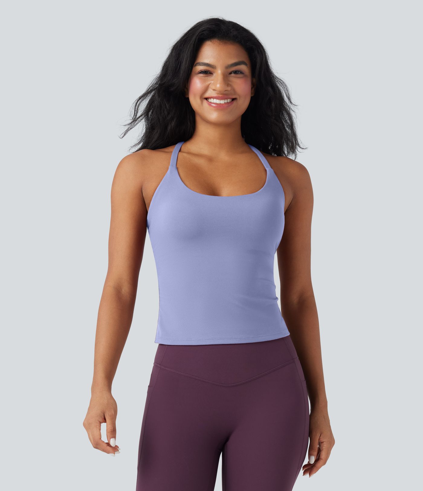 Scoop Neck Crisscross Back Crossover Hem Yoga Cami Top