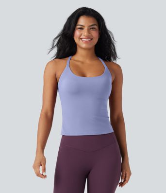 Scoop Neck Crisscross Back Crossover Hem Yoga Cami Top