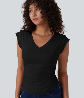 V Neck Cap Sleeve Curved Hem Ruched Casual T-Shirt