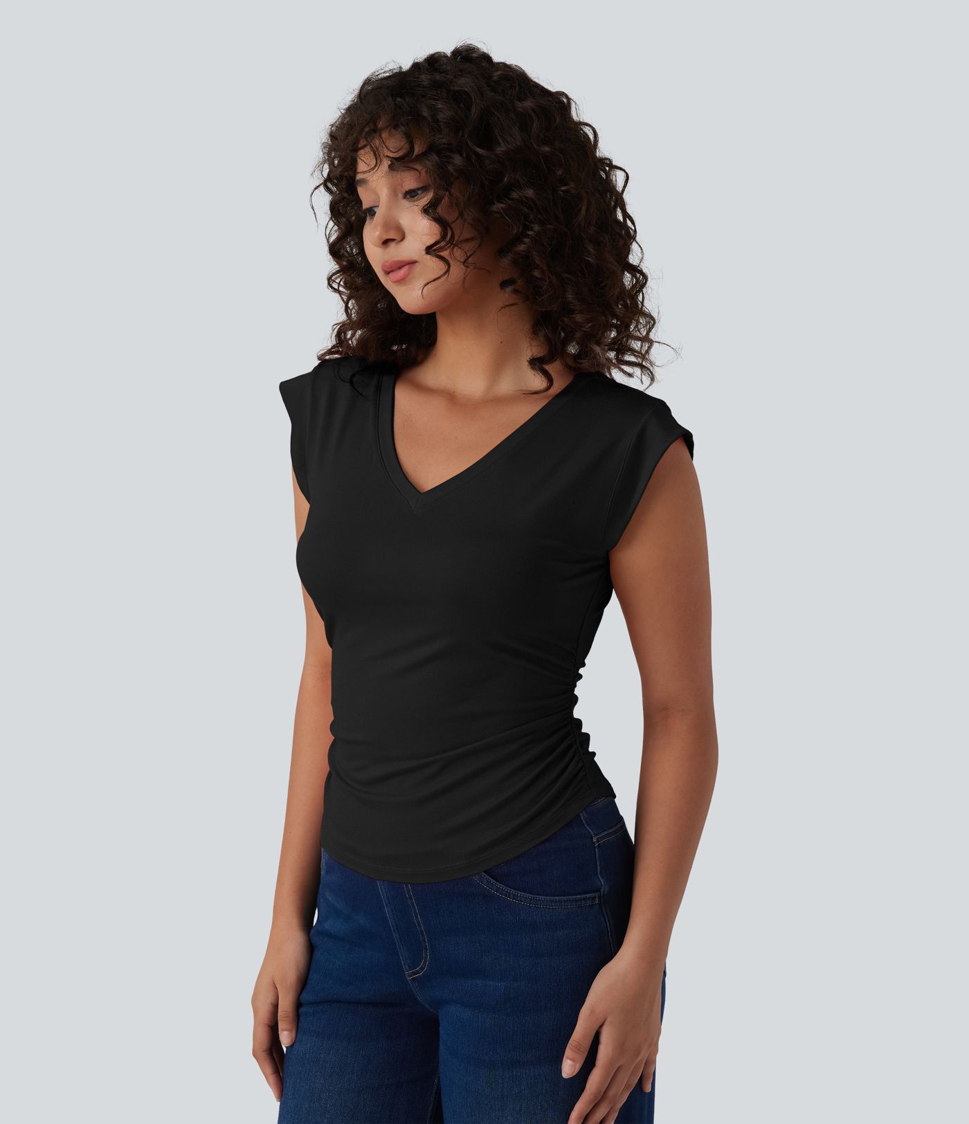 V Neck Cap Sleeve Curved Hem Ruched Casual T-Shirt