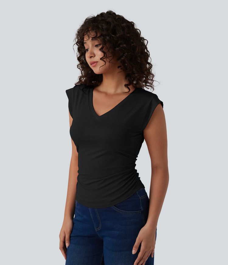 V Neck Cap Sleeve Curved Hem Ruched Casual T-Shirt
