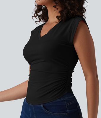 V Neck Cap Sleeve Curved Hem Ruched Casual T-Shirt
