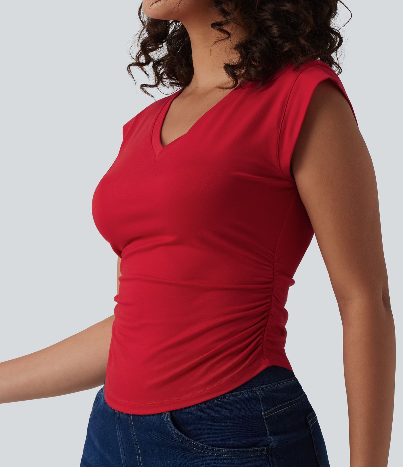 V Neck Cap Sleeve Curved Hem Ruched Casual T-Shirt