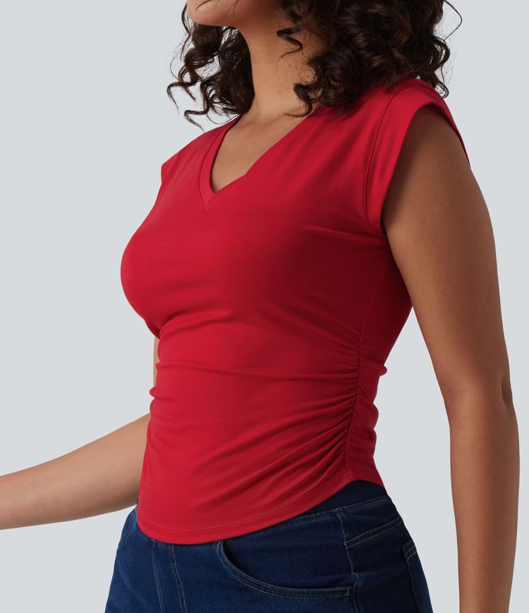 V Neck Cap Sleeve Curved Hem Ruched Casual T-Shirt