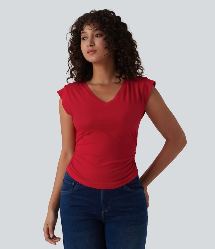V Neck Cap Sleeve Curved Hem Ruched Casual T-Shirt