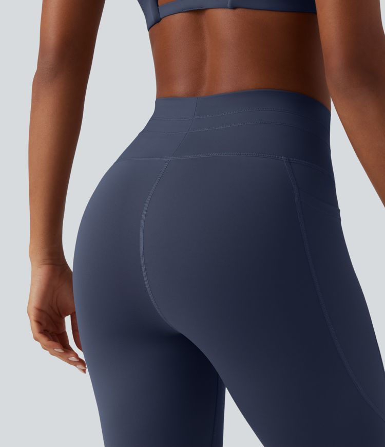 High Waisted Drawstring Plain Yoga 7/8 Leggings with Pockets