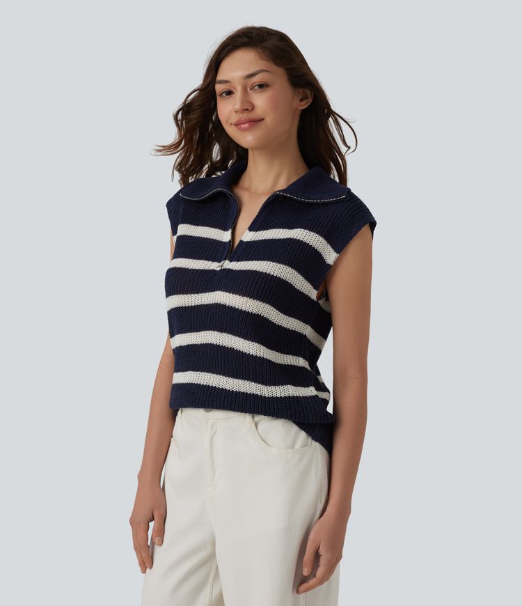 Pull rayé sans manches à demi-fermeture éclair, style décontracté