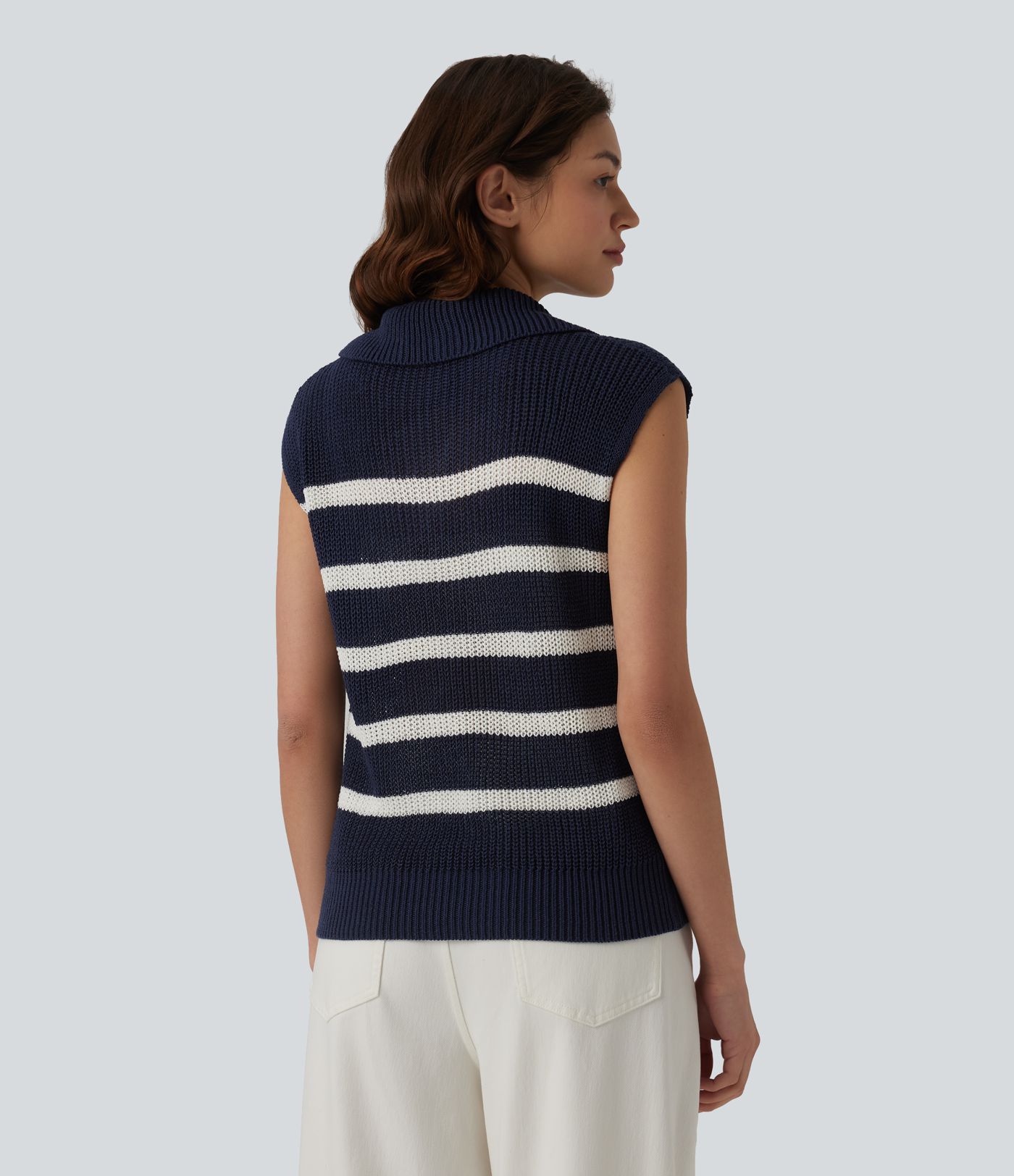 Pull rayé sans manches à demi-fermeture éclair, style décontracté