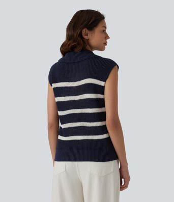 Pull rayé sans manches à demi-fermeture éclair, style décontracté