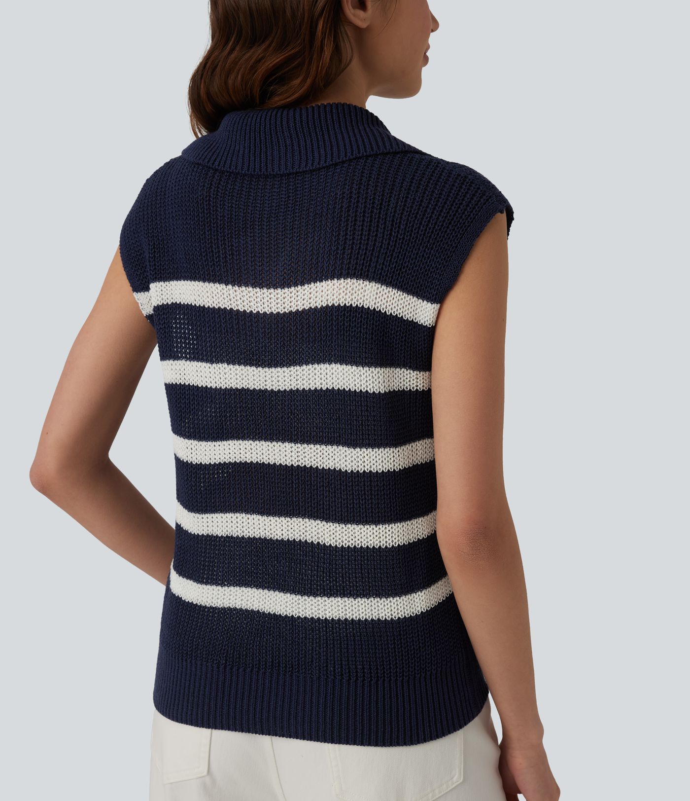 Pull rayé sans manches à demi-fermeture éclair, style décontracté