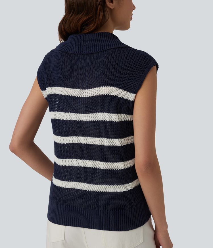 Pull rayé sans manches à demi-fermeture éclair, style décontracté