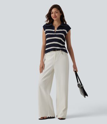 Pull rayé sans manches à demi-fermeture éclair, style décontracté