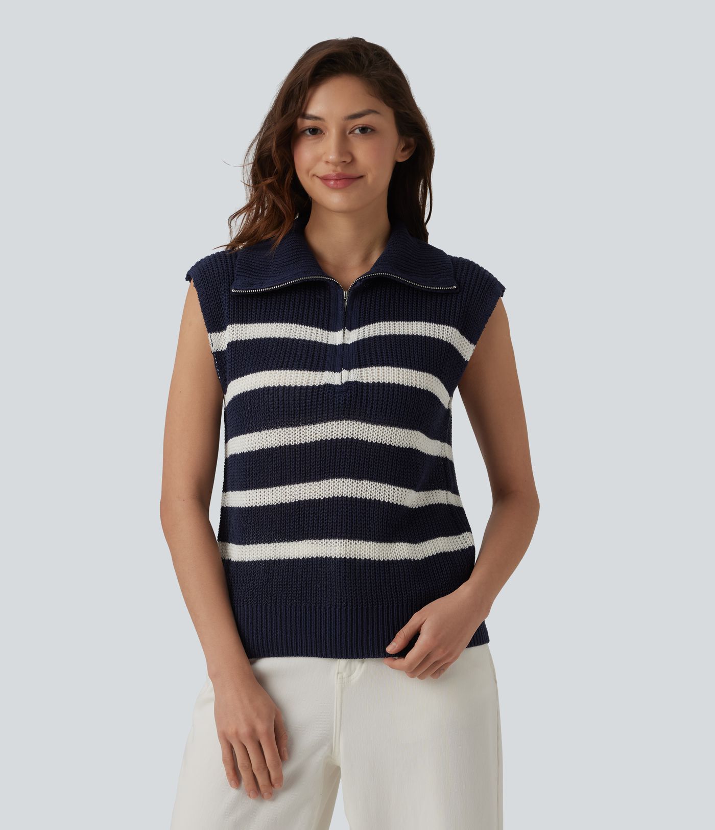 Pull rayé sans manches à demi-fermeture éclair, style décontracté