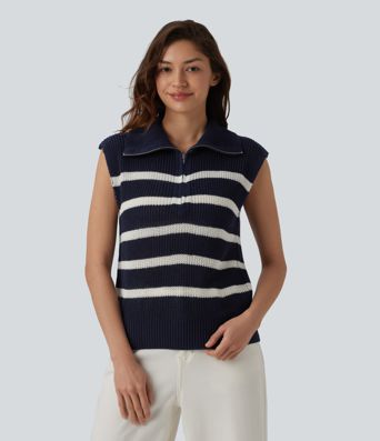 Pull rayé sans manches à demi-fermeture éclair, style décontracté