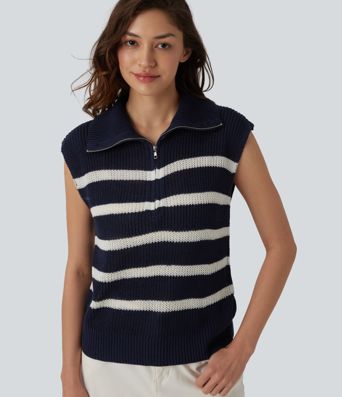Pull rayé sans manches à demi-fermeture éclair, style décontracté