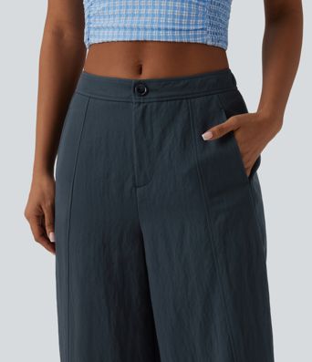 Mid Rise Casual Barrel Leg Pants with Pockets
