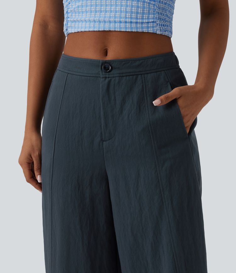 Mid Rise Casual Barrel Leg Pants with Pockets