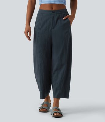 Mid Rise Casual Barrel Leg Pants with Pockets