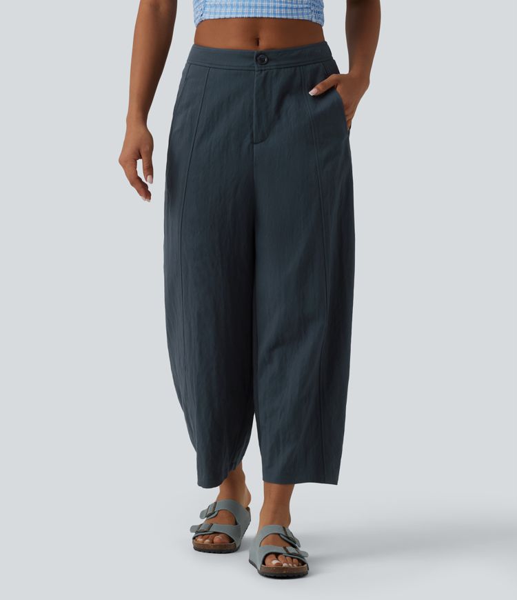 Mid Rise Casual Barrel Leg Pants with Pockets
