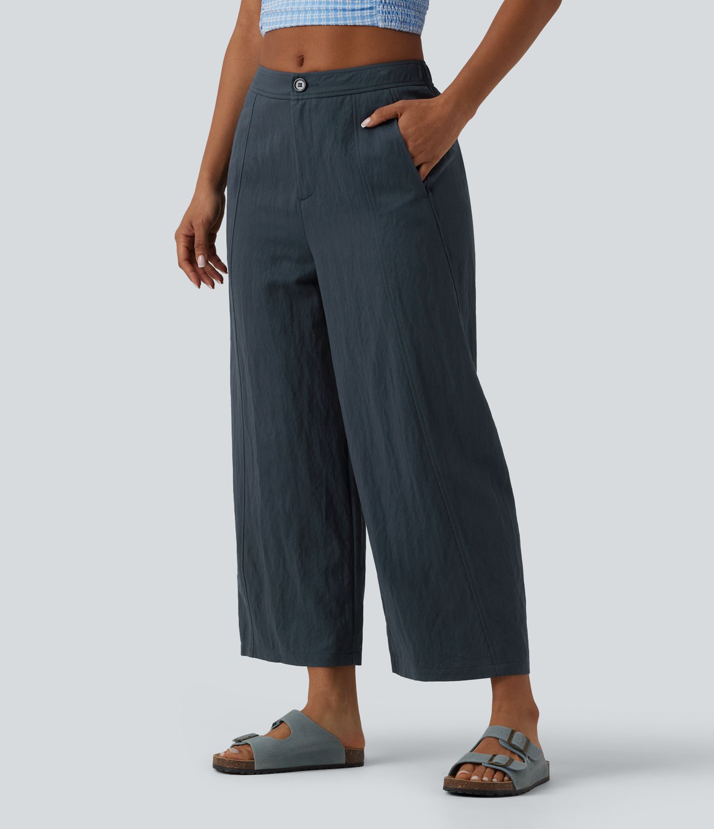 Mid Rise Casual Barrel Leg Pants with Pockets