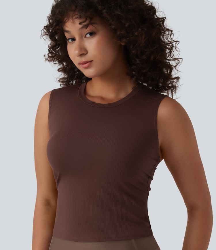 Ribbed Knit Round Neck Workout Tank Top