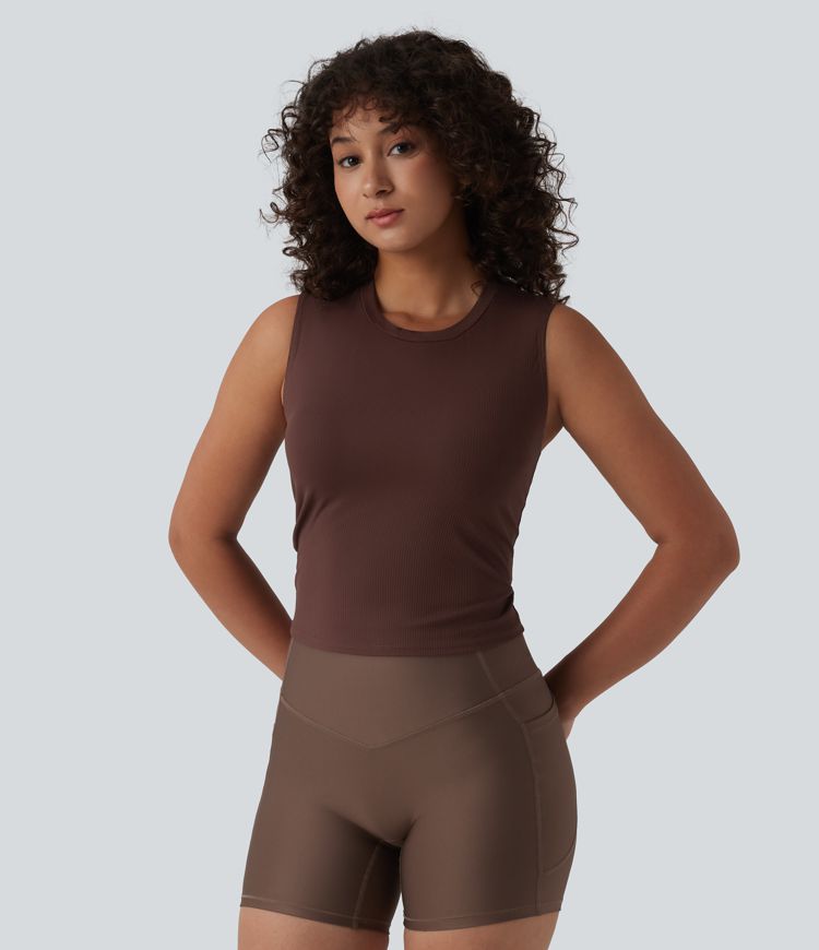 Ribbed Knit Round Neck Workout Tank Top