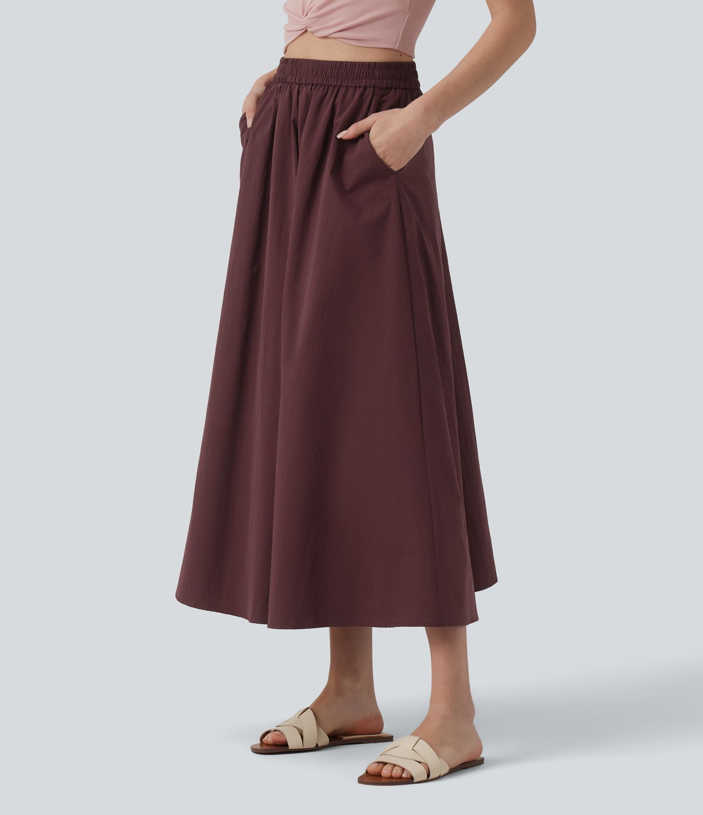 High Waisted A-Line Midi Casual Skirt with Pockets