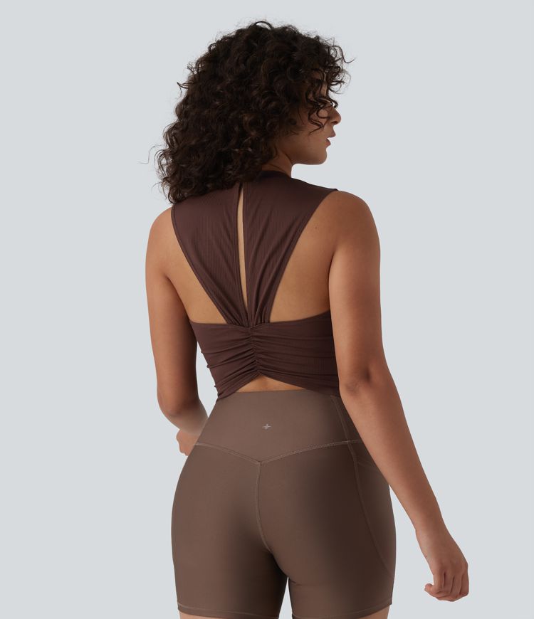 Ribbed Knit Round Neck Workout Tank Top