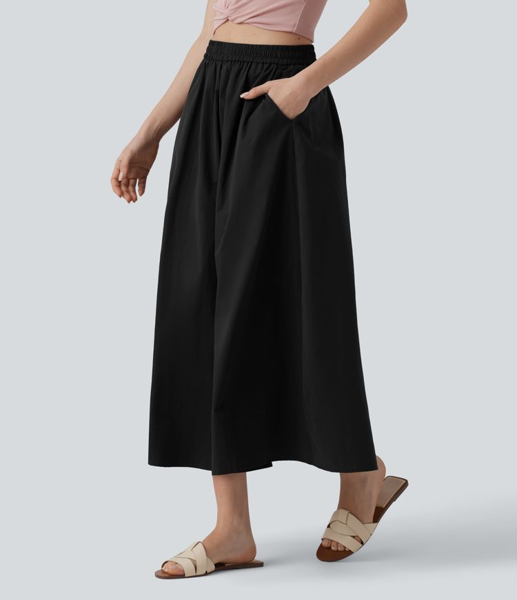 High Waisted A-Line Midi Casual Skirt with Pockets