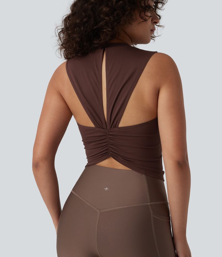 Bitter Chocolate Ribbed Knit Round Neck Workout Tank Top-UPF40+ / 1