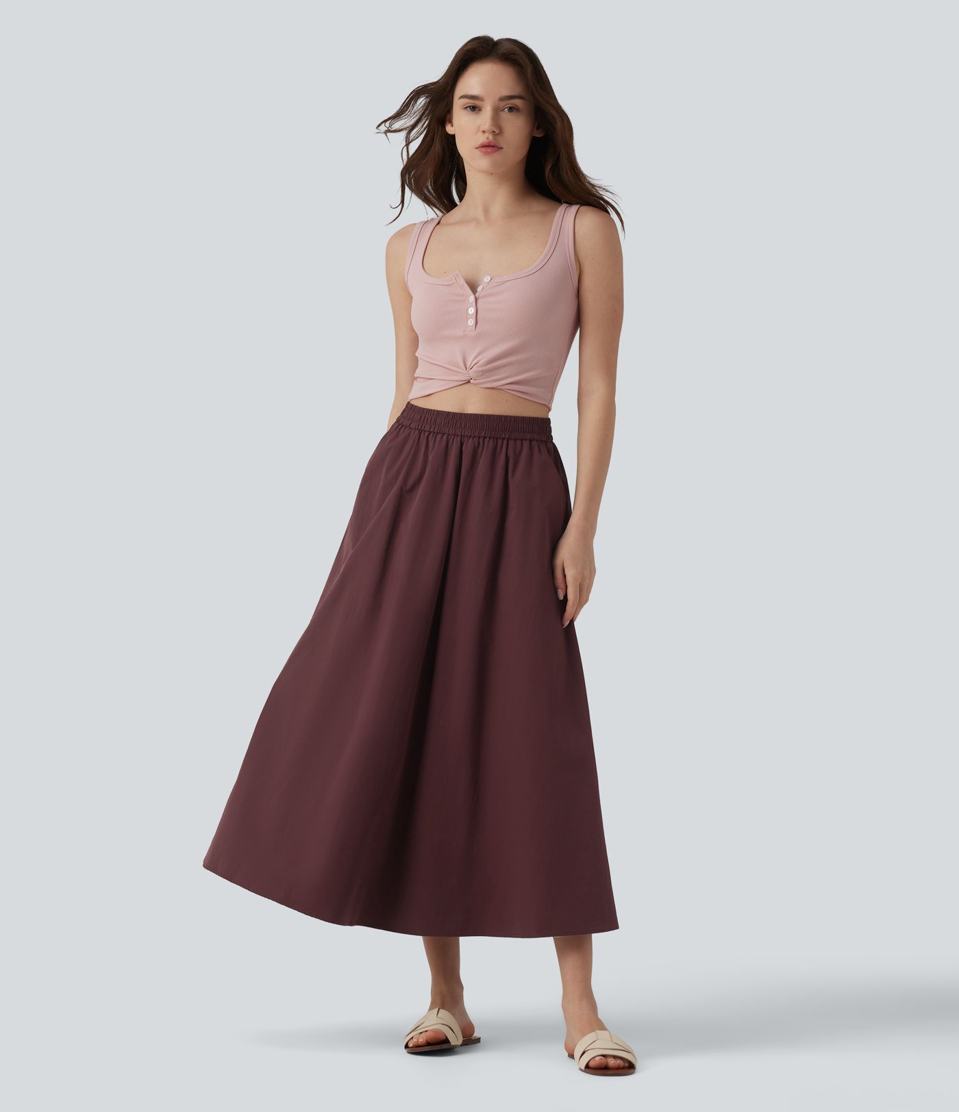 High Waisted A-Line Midi Casual Skirt with Pockets
