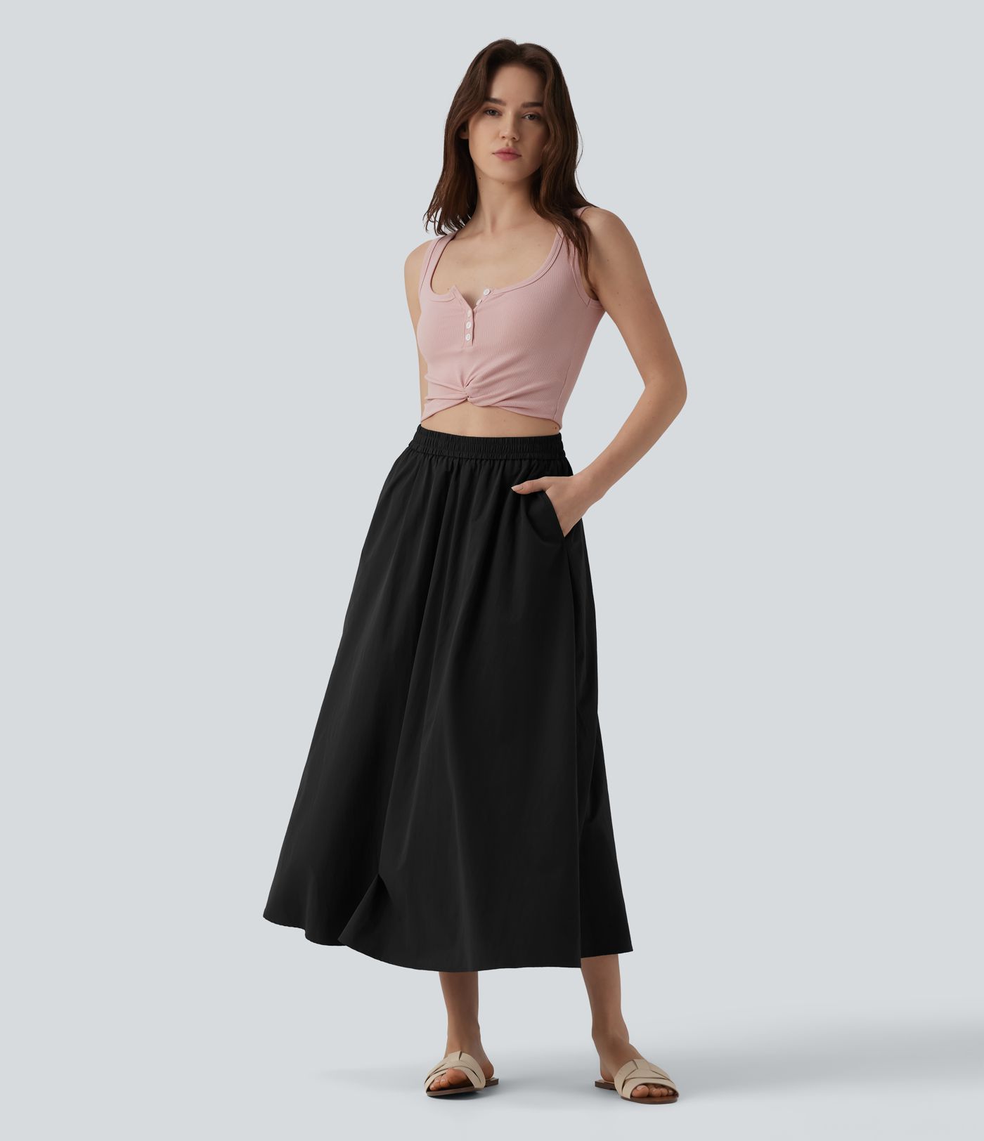 High Waisted A-Line Midi Casual Skirt with Pockets