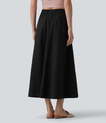 High Waisted A-Line Midi Casual Skirt with Pockets